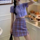 Set: Short-sleeve Cropped Cardigan + Plaid A-line Skirt