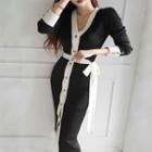 Long-sleeve Buttoned Contrast Trim Knit Midi A-line Dress