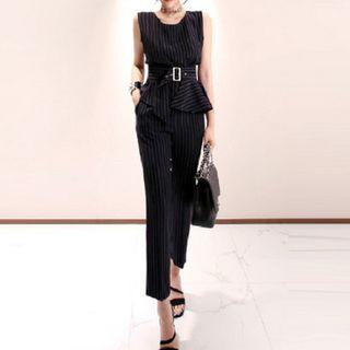Set: Sleeveless Striped Frill Trim Top + Cropped Dress Pants