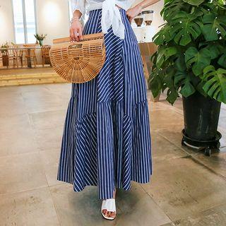 Buckle-waist Ruffle-hem Stripe Long Skirt