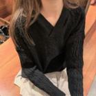 Cable Knit V-neck Sweater Black - One Size