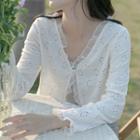 Bell-sleeve V-neck Lace Top Almond - One Size