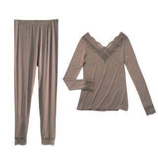 Long-sleeve Lace Trim V-neck Top / Leggings / Set