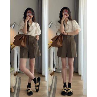 Puff-sleeve Shirt / High Waist Wide Leg Shorts