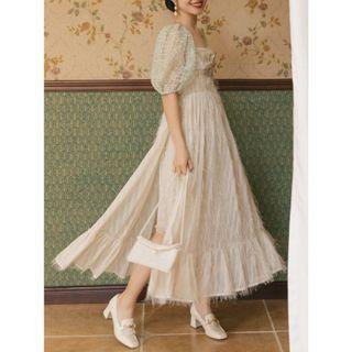 Puff-sleeve Ribbon Accent Slit Midi A-line Dress