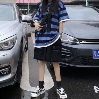 Set: Striped Short-sleeve T-shirt + Buckled Cargo Shorts / T-shirt / Cargo Shorts