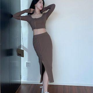 U-neck Long-sleeve Cropped Top / Single-breasted Semi Skirt ( Various Designs )