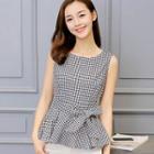 Sleeveless Plaid Peplum Top With Sash