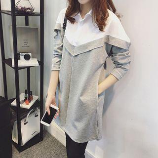 Long-sleeve Two-tone Mini Collared Dress