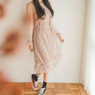 Set: Lace Sheer Dress With Sash + Slipdress