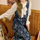 Sleeveless Floral Midi Dress / Long-sleeve Plain Tie-neck Shirt