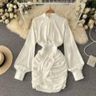 Plain Stand-collar Ruched Puff-sleeve Dress