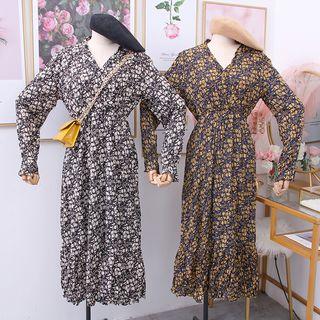 Gather-waist V-neck Floral Dress