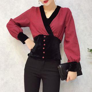 Plaid Panel Long-sleeve V-neck Top