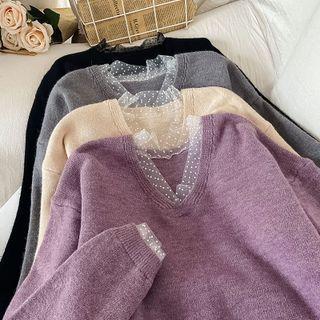 Dotted Mesh Trim V-neck Sweater