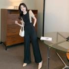 Mock Two-piece Puff-sleeve Shirred Jumpsuit