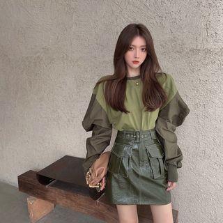 Crewneck Color-block Sweatshirt / High Waist Leather Skirt