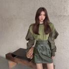 Crewneck Color-block Sweatshirt / High Waist Leather Skirt