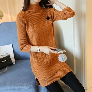 Ribbed Knit Panel Mock Neck Long Sleeve Dress