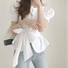 Round Neck Puff Short Sleeve Tie-waist Shirt