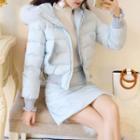 Set: Furry Trim Hooded Padded Jacket + Padded Mini Skirt