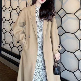 Notch Lapel Double-breasted Midi Coat / Long-sleeve Floral Print Midi A-line Dress