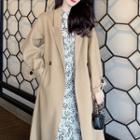 Notch Lapel Double-breasted Midi Coat / Long-sleeve Floral Print Midi A-line Dress