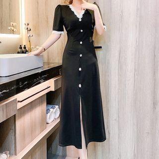 V-neck Lace Trim Slit Midi A-line Dress