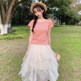 Asymmetric Layered Midi A-line Mesh Skirt Almond - One Size