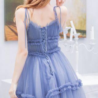 Spaghetti Strap Frill Trim Mesh A-line Evening Gown