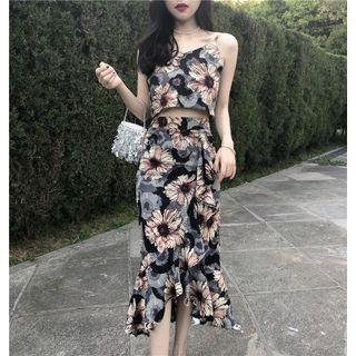 Set: Flower Print Camisole Top + Ruffle Hem Midi Pencil Skirt
