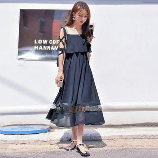 Strappy Ruffled Lace Paneled A-line Midi Dress