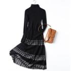 Long-sleeve Turtleneck Knit Midi A-line Dress Black - One Size