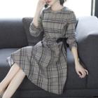 Long-sleeve Plaid Tie-waist A-line Dress