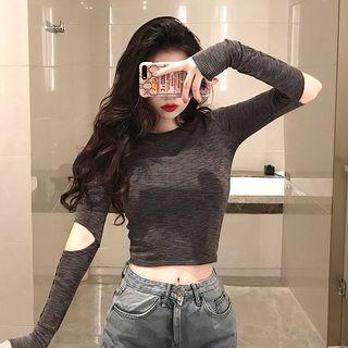 Cut-out Crew-neck Long-sleeve T-shirt Gray - One Size