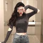 Cut-out Crew-neck Long-sleeve T-shirt Gray - One Size