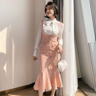 Set: Tie-neck Blouse + Midi Pinafore Dress