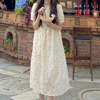 Puff-sleeve Floral Midi A-line Dress Orange & Green Floral - Cream Yellow - One Size