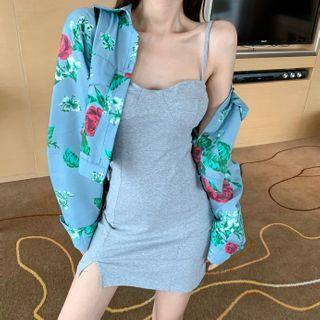 Floral Print Long-sleeve Loose-fit Shirt / Plain Sleeveless Dress