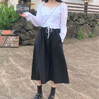 Long-sleeve Lace Up Blouse / Midi A-line Skirt