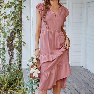 Plain V-neck Ruffle Sleeve A-line Midi Dress