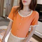 Short-sleeve Ruffle Trim Ribbed Knit Top Tangerine - One Size