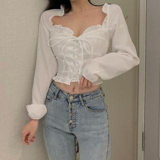 Long-sleeve Lace-up Cropped Blouse White - One Size