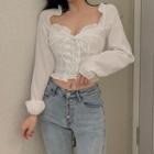 Long-sleeve Lace-up Cropped Blouse White - One Size