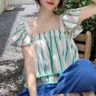 Detachable Sleeve Striped Blouse Stripes - Green & White - One Size