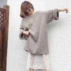Chunky Knit Long Sweater / Lace Panel Sleeveless Midi Dress / Set