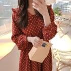 Long-sleeve Midi Dotted A-line Dress Wine Red - One Size