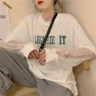 Mock Two-piece Lace Panel Long-sleeve Lettering T-shirt