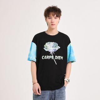 Tie-dye Print Panel Lettering Flower Print T-shirt