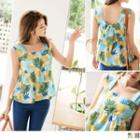 Tie-back Printed Square Collar Sleeveless Top